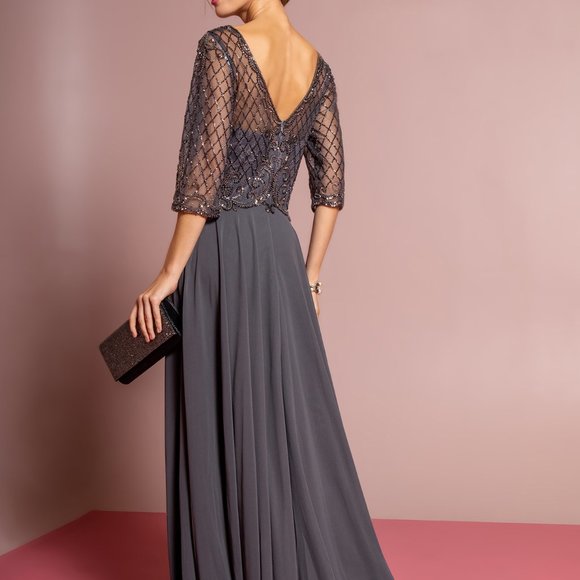 NEW CHARCOAL GRAY MOTHER OF BRIDE  Illusion Sweetheart Neck A-Line Dress GL2686 - Picture 3 of 7